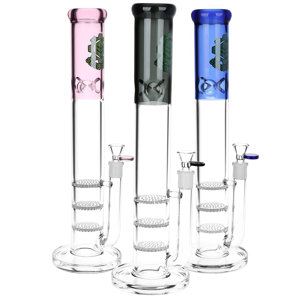 Seshgear Triple Honeycomb Perc Straight Tube Water Pipe - 15" / 14mm F / Colors Vary